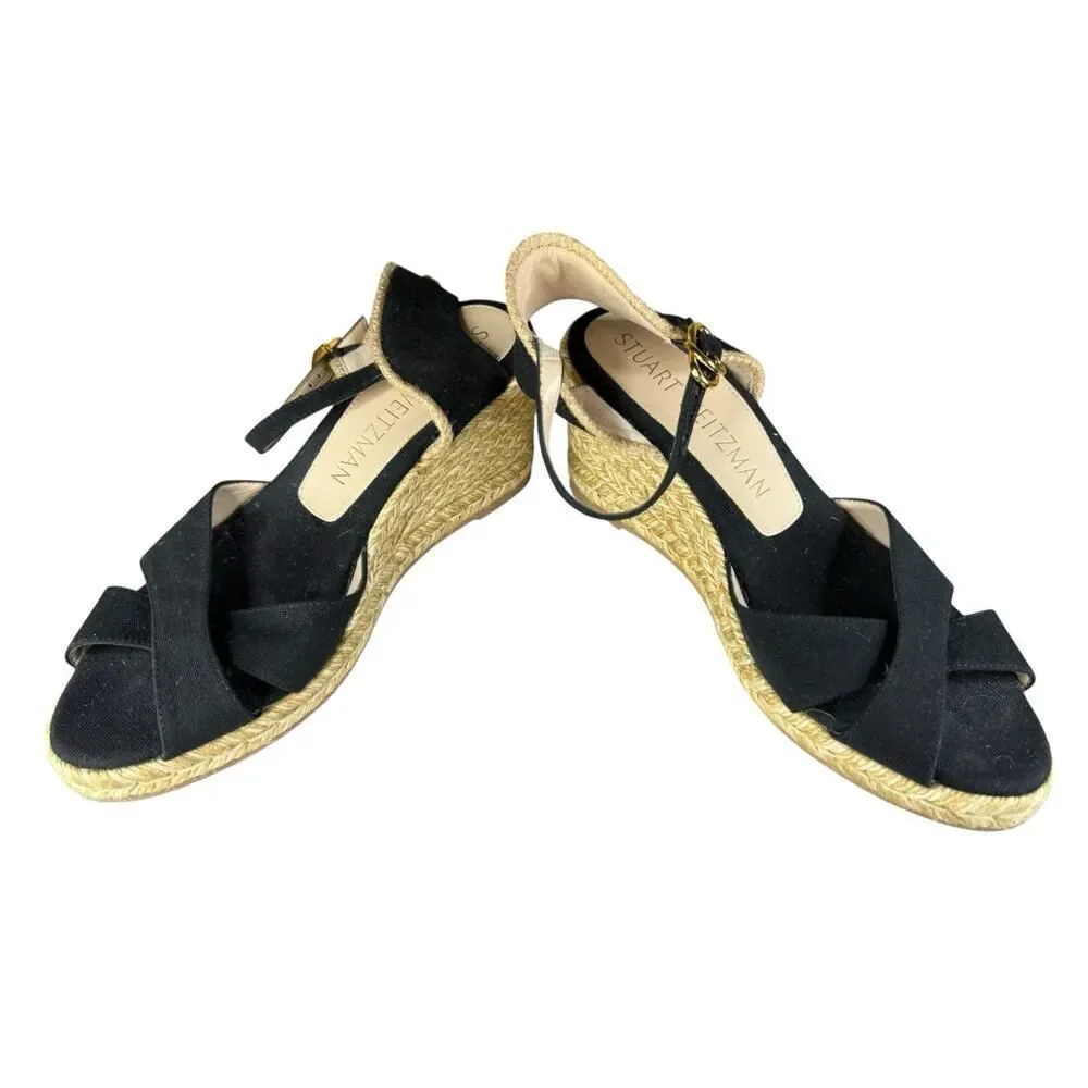 Stuart Weitzman Mirela Espadrille Wedge Sandals Black Natural 9B - Picture 7 of 11